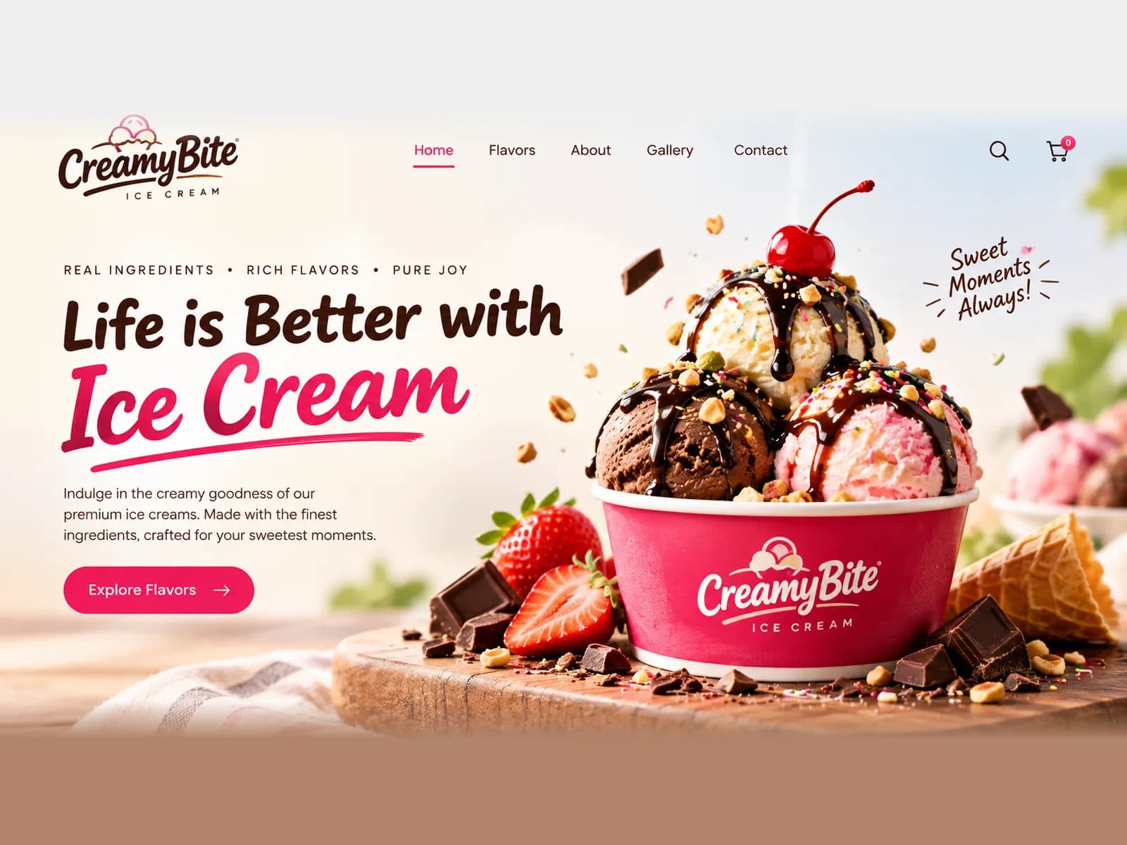 CreamyBite ice cream website, website design & development by Draxz